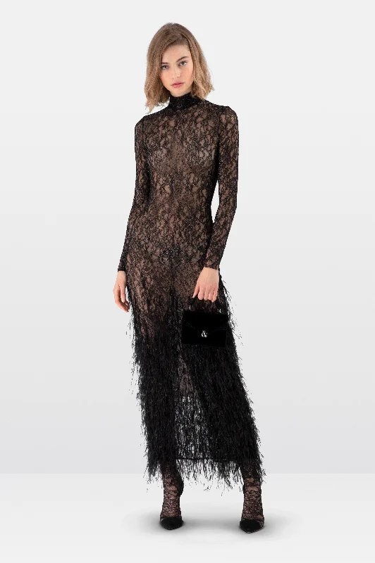 Backless DressBlack Lace Feather Embroidered Fitted Midi Dress