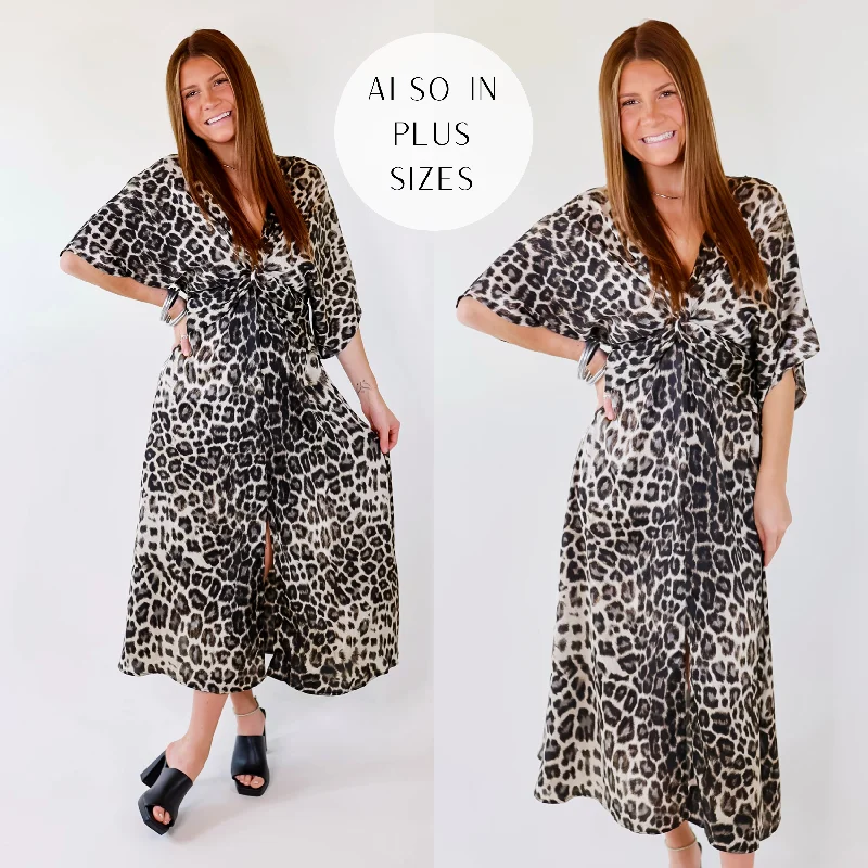 Knit DressTake My Breath Away Front Knot Leopard Print Midi Dress in Grey