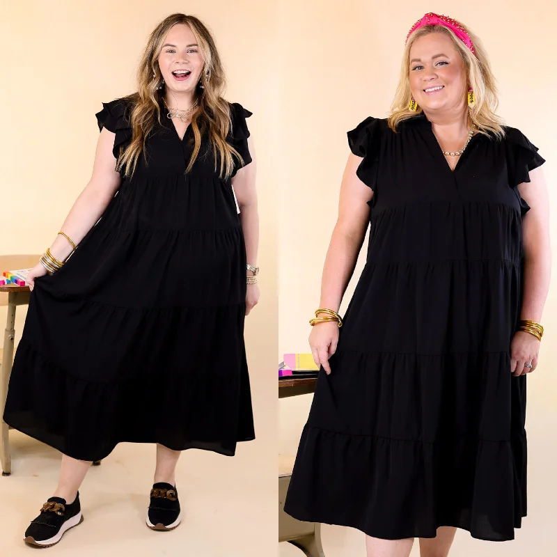 women's satin dressesAll Of A Sudden Tiered Midi Dress with Ruffle Cap Sleeves in Black