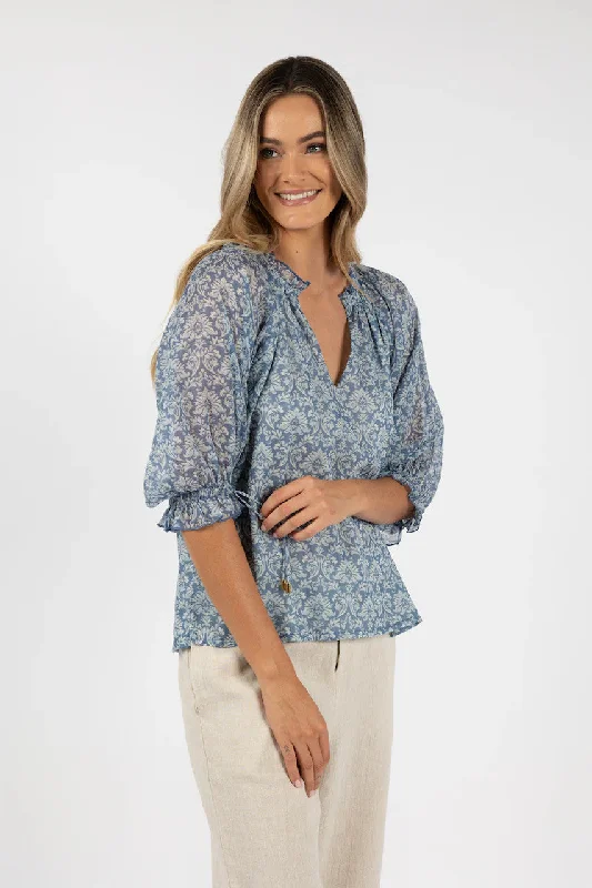 women's tops for those who appreciate subtle and muted tonesHumidity - Portafino Aries Blouse, Blue Print