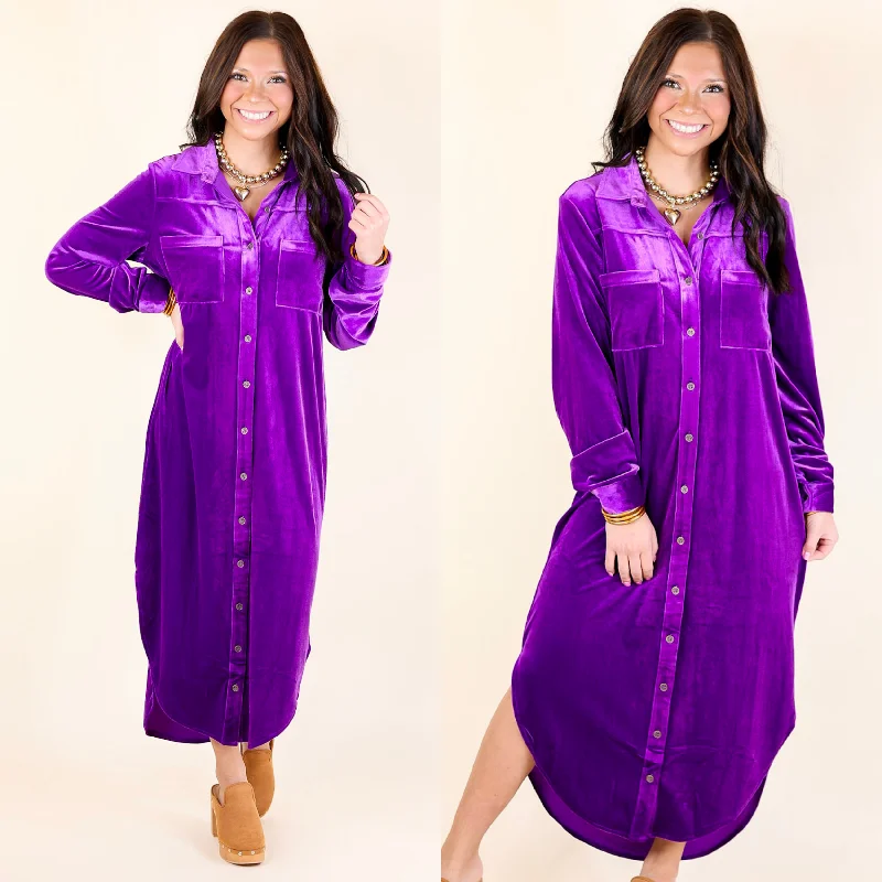 Minimalist DressLondon Fog Velvet Button Up Midi Dress with Long Sleeves in Purple