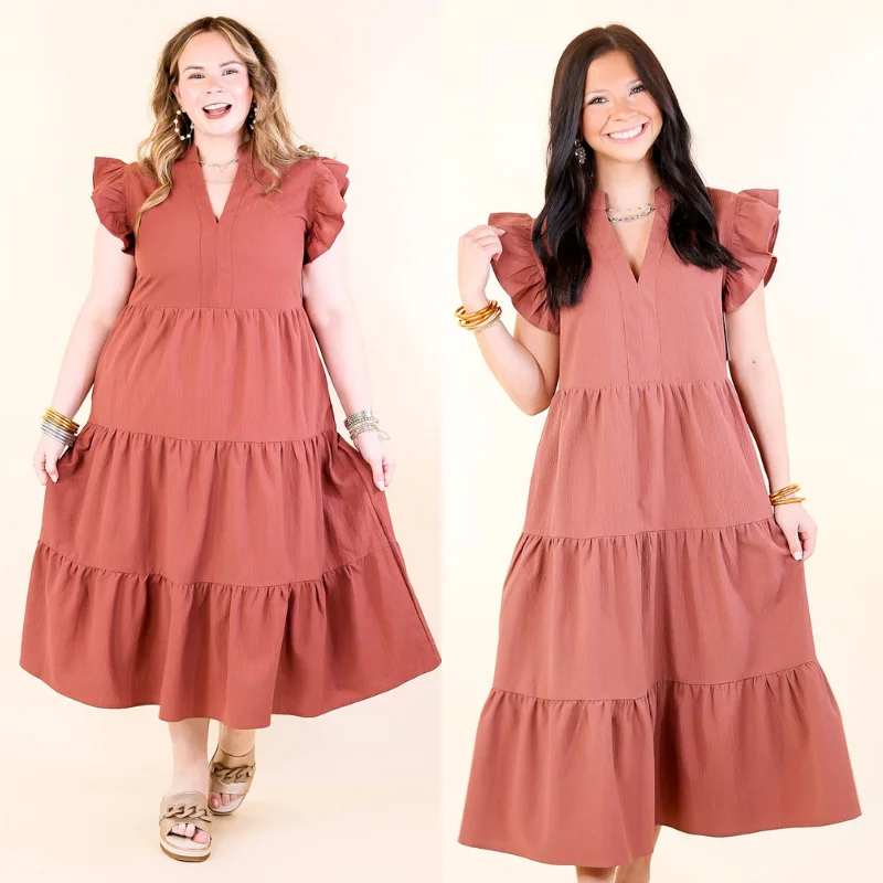 women's midi dressesMagnolia Morning Ruffle Cap Sleeve Tiered Midi Dress in Cinnamon (Rust/Clay/Brown)