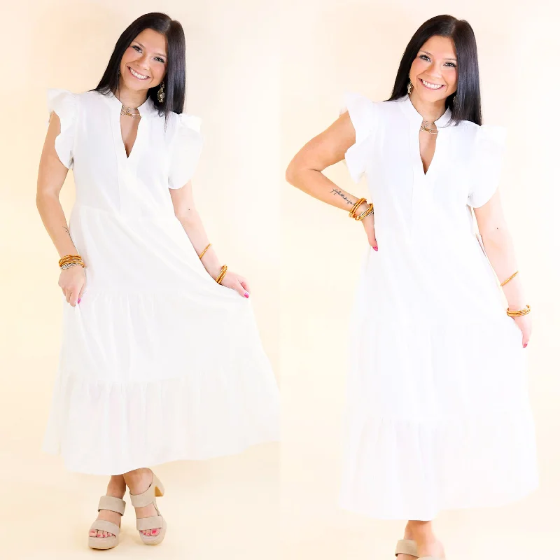 women's hourglass figure dressesMagnolia Morning Ruffle Cap Sleeve Tiered Midi Dress in White