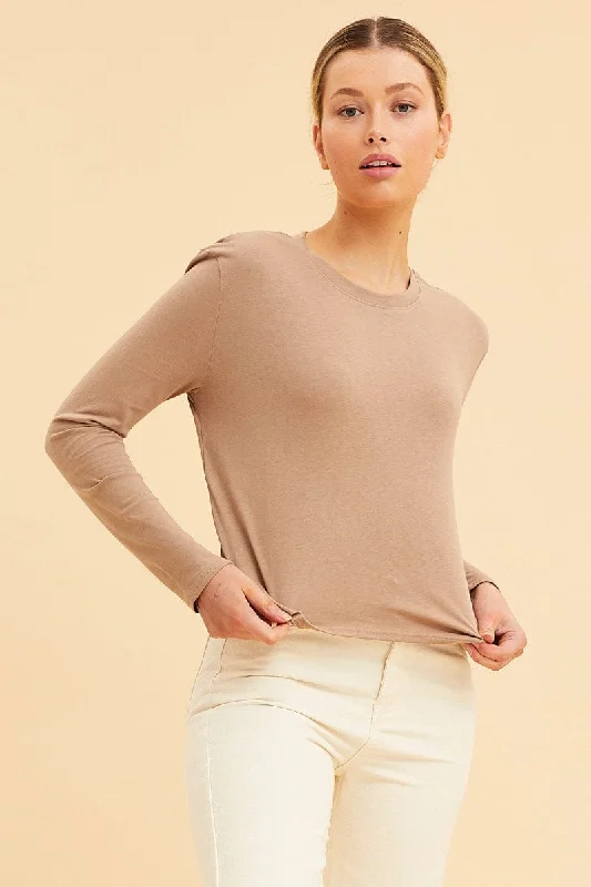 luxury women's topsBeige Cropped T-Shirt Long Sleeve Crew Neck Cotton