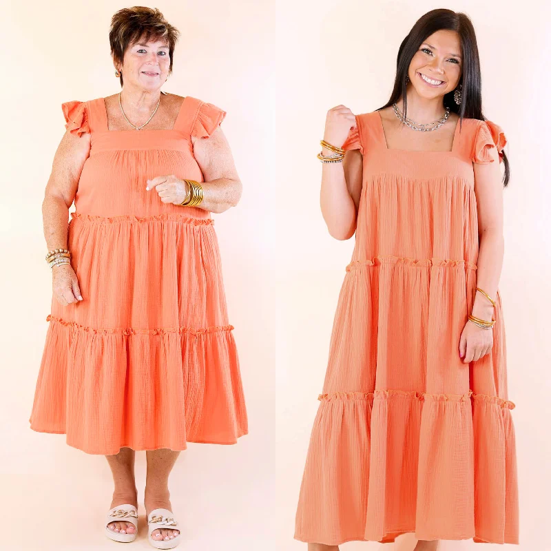 women's lace-up dressesSun-Sational Ruffle Tiered Tank Midi Dress in Orange