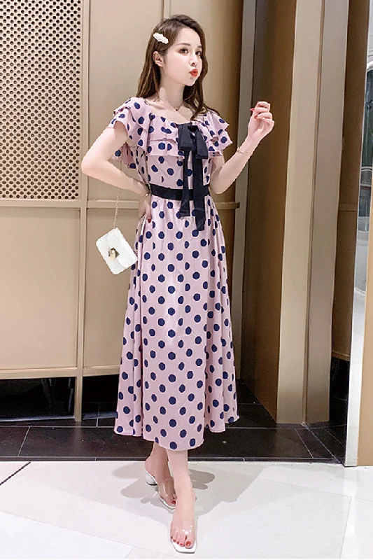 women's chiffon dressesCaylar  - Off the Shoulder Polka Dot Midi Dress