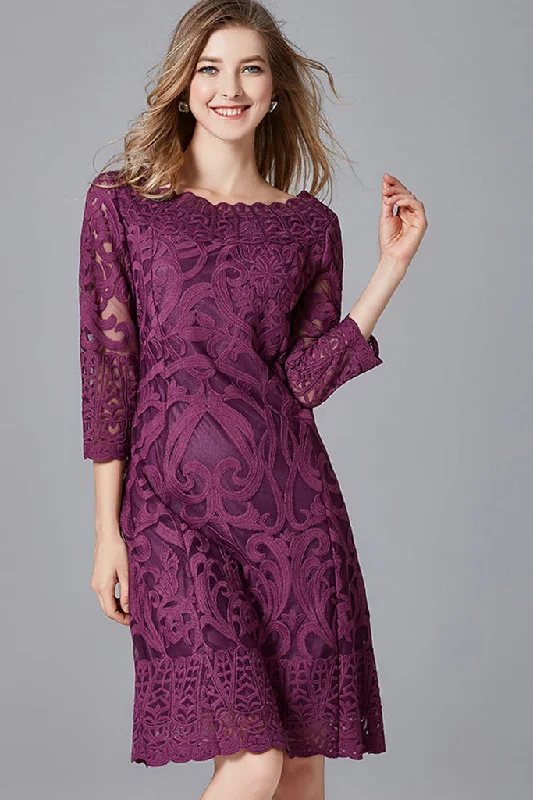 women's one-shoulder dressesTHREE QUARTER SLEEVE EMBROIDERED MIDI DRESS