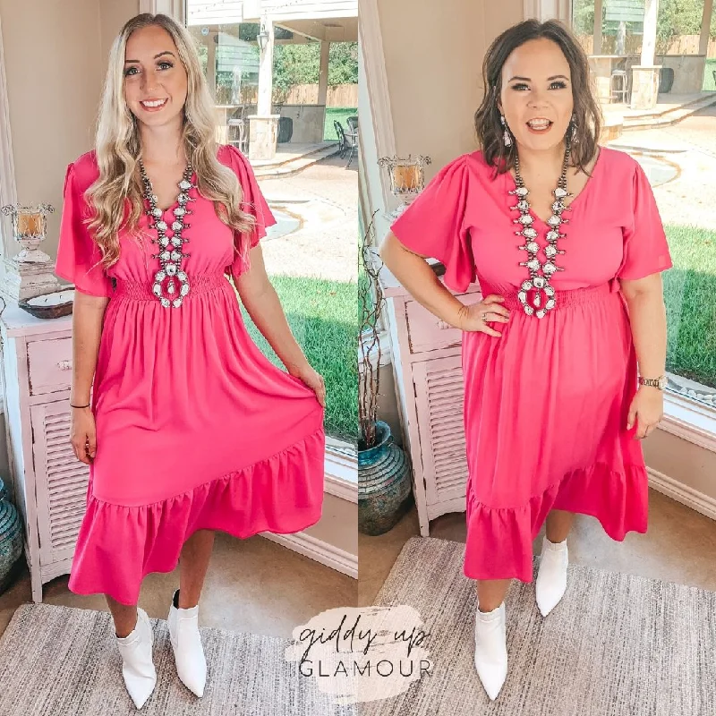 Designer DressLast Chance Size Small & Large | Freelance Dreamer Short Sleeve Midi Dress with Ruffle Hemline in Magenta