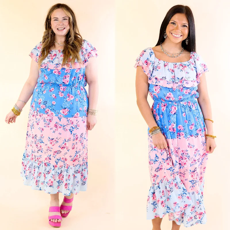 women's bell-sleeved dressesTides In Tulum Floral Midi Dress with Ruffle Sleeves in Pink and Blue