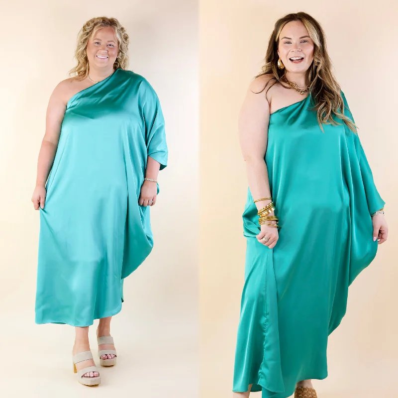 women's statement dressesSweet Romance One Shoulder Satin Drape Midi Dress in Turquoise