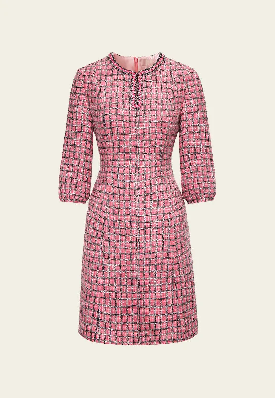 A-Line DressPink Puff Sleeve Tweed Midi Dress