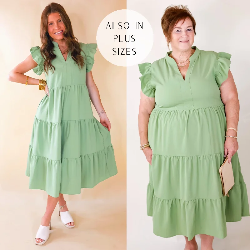 Cold-Shoulder DressLast Chance Size Small, Medium & XL | Magnolia Morning Ruffle Cap Sleeve Tiered Midi Dress in Sage Green