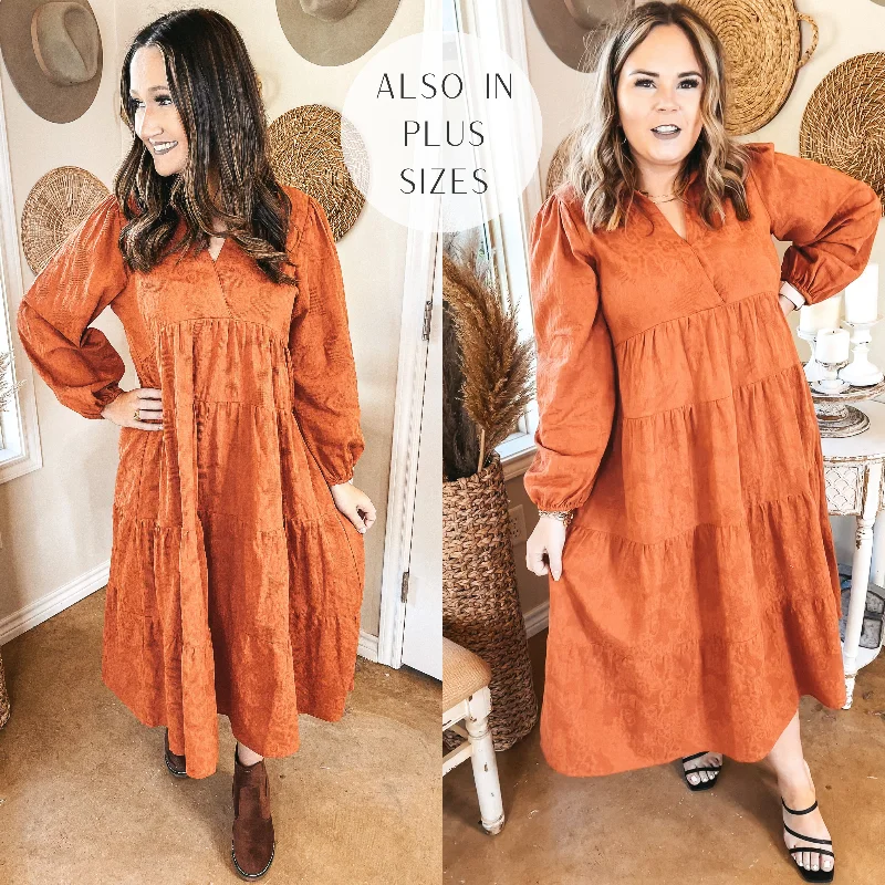 High-Neck DressSweet Glances Long Sleeve Tiered Midi Dress in Rust Orange