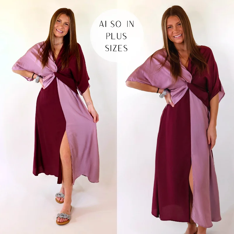 Silk DressTake My Breath Away Front Knot Color Block Midi Dress in Purple Mix