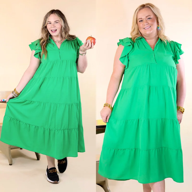 women's silk dressesAll Of A Sudden Tiered Midi Dress with Ruffle Cap Sleeves in Green