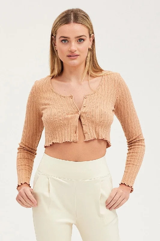 long-sleeved women's topsBeige Rib Top Long Sleeve