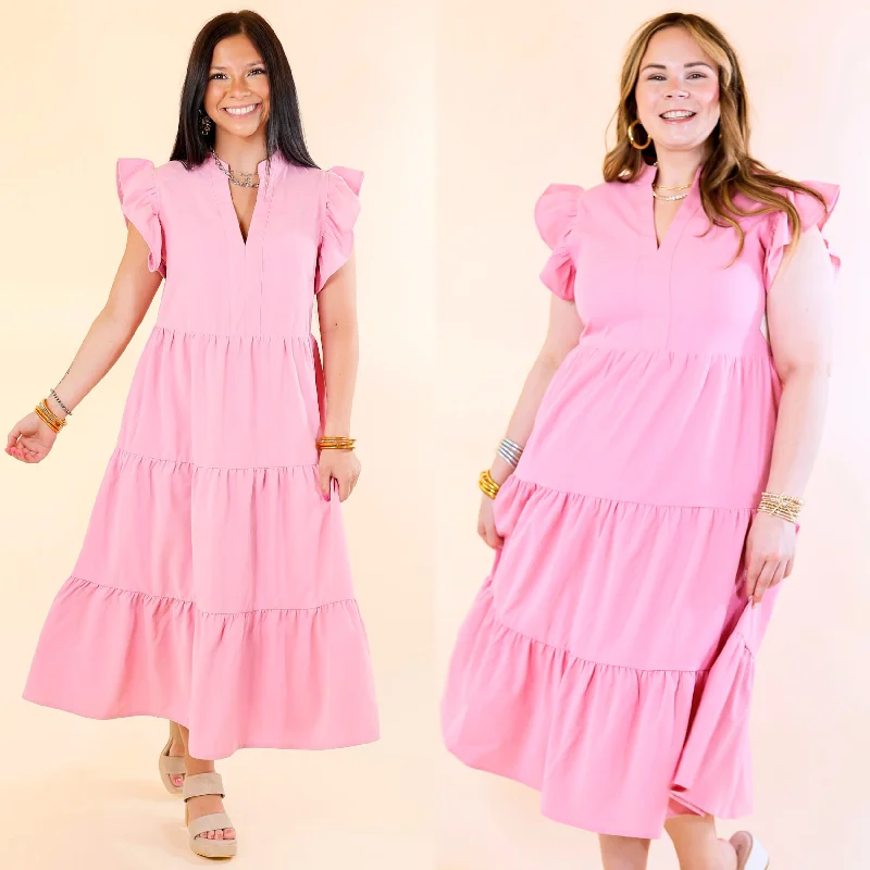 women's flowy dressesMagnolia Morning Ruffle Cap Sleeve Tiered Midi Dress in Pink