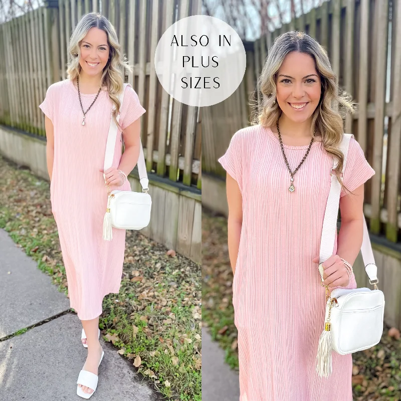 Crepe DressThe More You Know Short Sleeve Ribbed Midi Dress in Pink