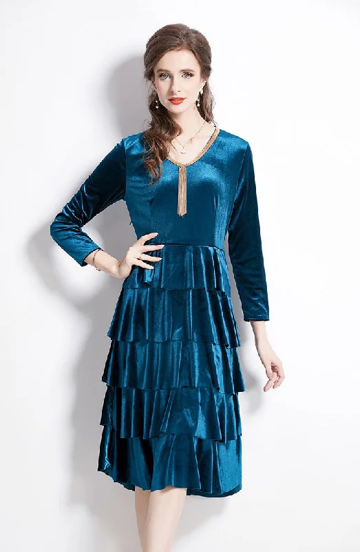 women's high-low dressesElegant Velvet Midi Dress V-neck with Ruffles