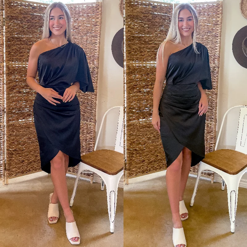 Denim DressGraceful and Gorgeous One Shoulder Satin Midi Dress in Black