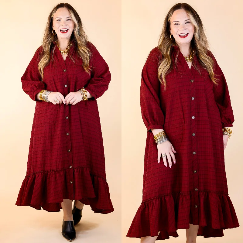 Bohemian DressEasy to Please Button Up Ruffle Hem Midi Dress in Maroon Plaid