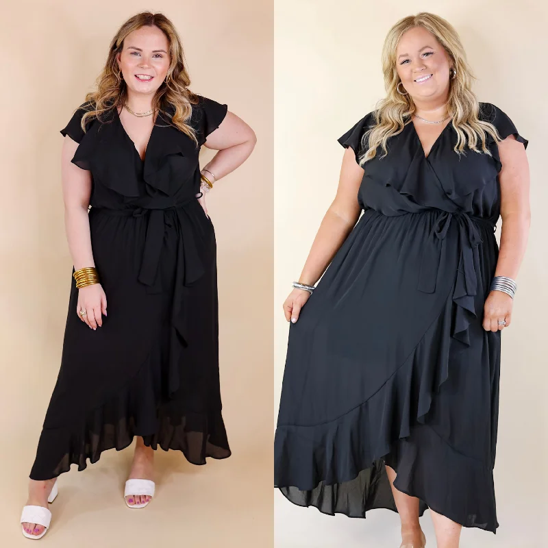 women's fair-trade dressesTranquil Touch Ruffle Midi Dress with Waist Tie in Black