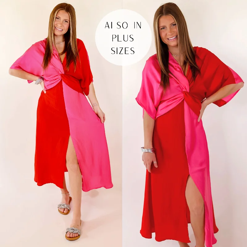 Laced-Up DressLast Chance Size Small & Medium | Take My Breath Away Front Knot Color Block Midi Dress in Red and Pink