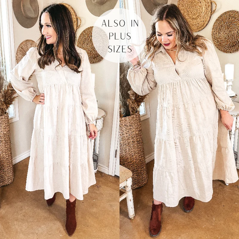 Sweetheart Neckline DressSweet Glances Long Sleeve Tiered Midi Dress in Stone