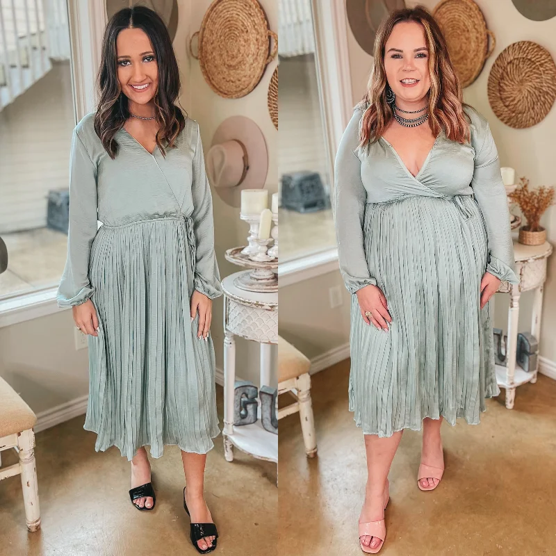 Plus-Size DressLast Chance Size Medium | Bakersfield Brunch Long Sleeve Midi Dress with Pleated Skirt in Sage Green | ONLY 1 LEFT!