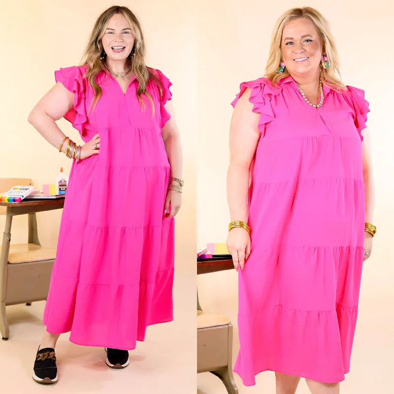 women's lace dressesAll Of A Sudden Tiered Midi Dress with Ruffle Cap Sleeves in Hot Pink