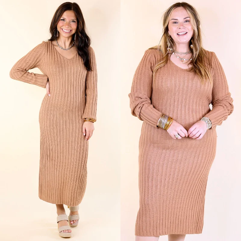 Glamour DressPumpkin Spice Weather V Neck Midi Sweater Dress in Clay Nude