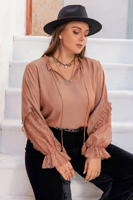 women's tops for those who want to add a bit of flair and personality to their looksPlus Size Tie Neck Flounce Sleeve Blouse