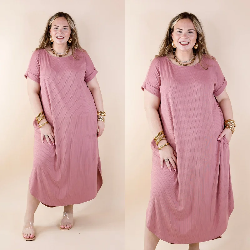 women's machine-washable dressesLast Chance Size Small & XL | Chill Looks Short Sleeve Ribbed Midi Dress in Mauve