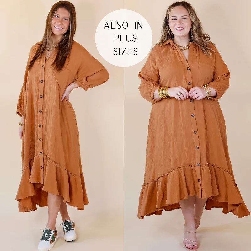 Ball Gown DressNew England Nights Button Up Ruffle Hem Midi Dress in Camel