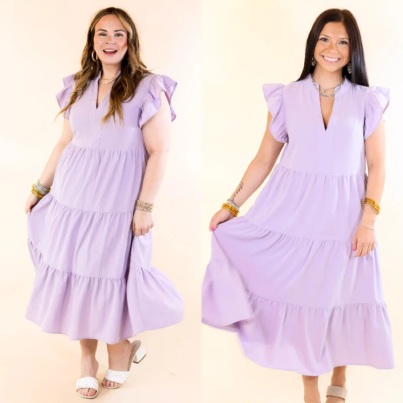 women's empire-line dressesMagnolia Morning Ruffle Cap Sleeve Tiered Midi Dress in Lavender Purple