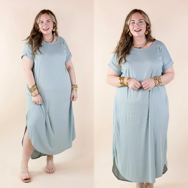 women's luxury dressesLast Chance Size XL | Chill Looks Short Sleeve Ribbed Midi Dress in Sage Green