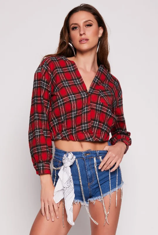 women's tops for fashion-conscious professionalsSpoon Jeans Plaid Faux Wrap Crop Top