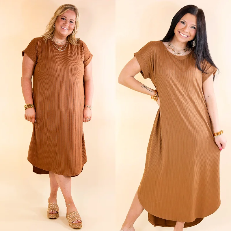 women's apple-shaped body dressesLast Chance Size Small & XL | Chill Looks Short Sleeve Thin Ribbed Midi Dress in Caramel Brown