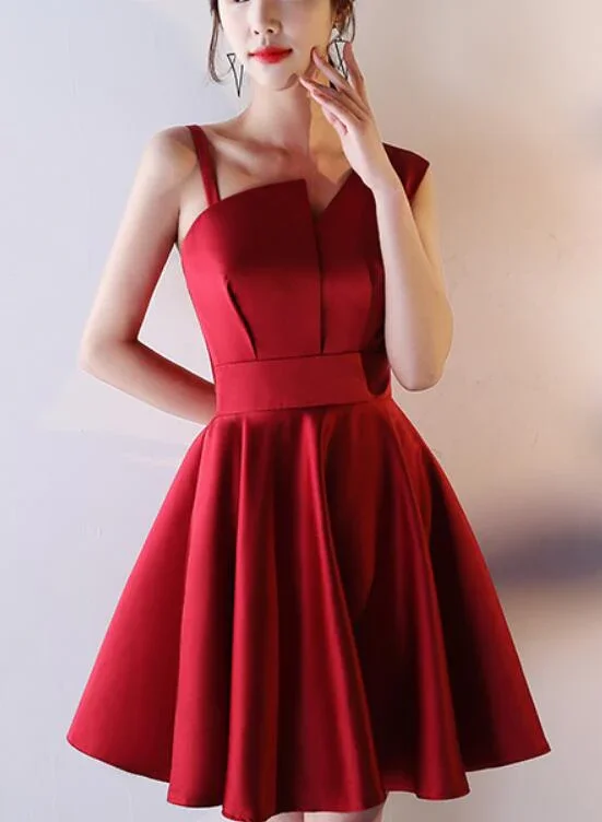 Casual DressBeautiful Dark Red Satin One Shoulder Mini Party Dress, Wine Red Homecoming Dress gh424