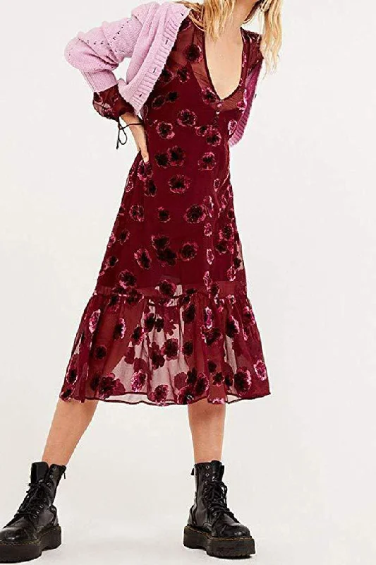 Casual DressFOR LOVE & LEMONS-SOPHIE VELVET FLORAL MIDI DRESS