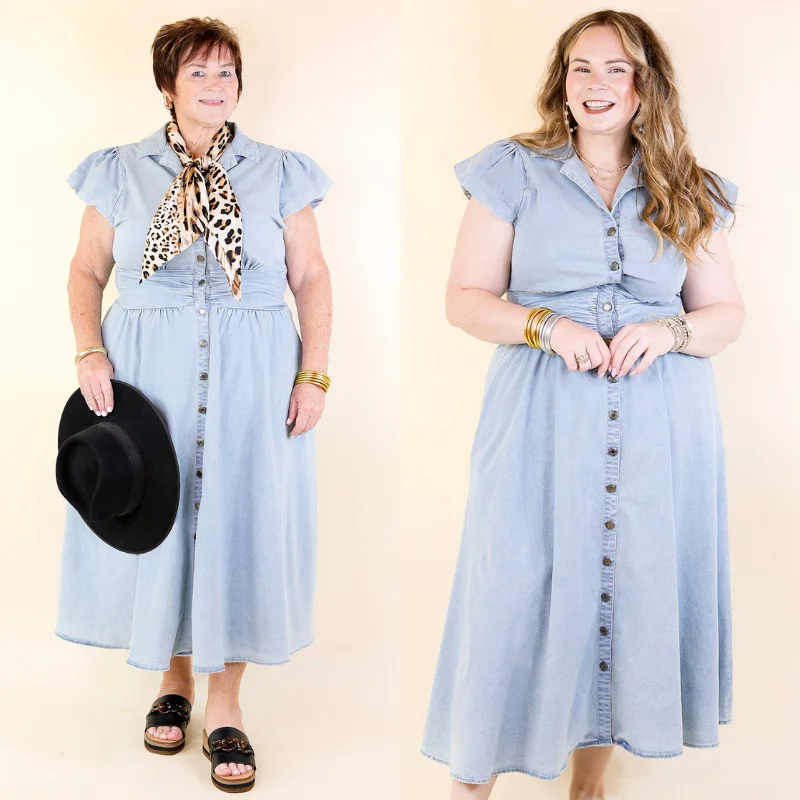 Retro DressTimeless Threads Midi Maxi Dress with Smocked Bodice in Light Wash