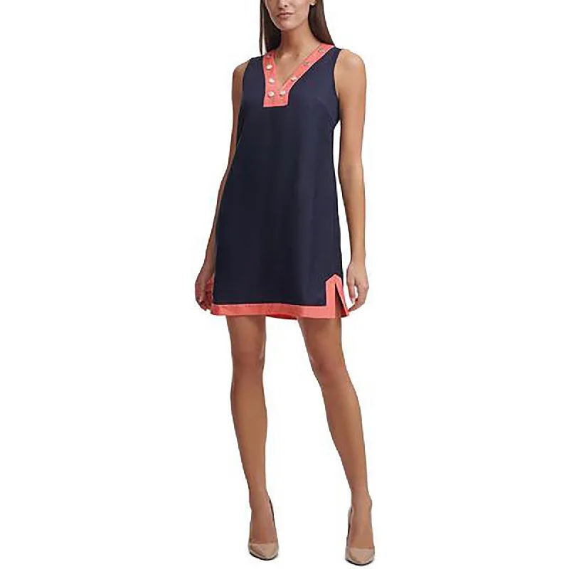 A-Line DressTommy Hilfiger Womens Petites Two Tone V-Neck Mini Dress