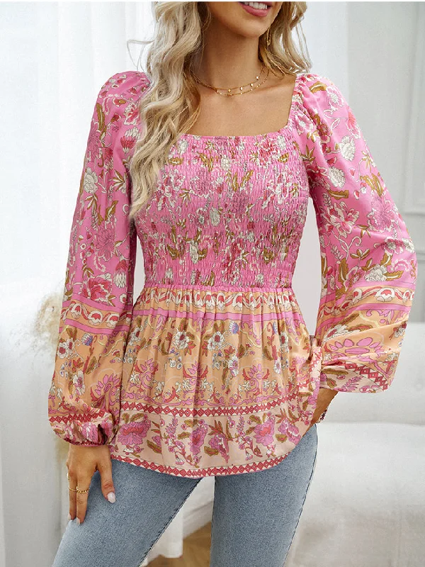 women's tops with built-in brasSquare Neck Printed Blouse