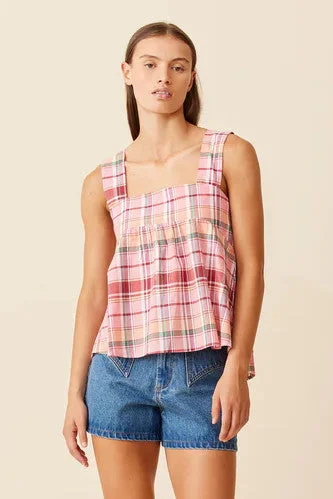 women's tops for picnics in the parkRuby - Margie Tie Back Top, Peachie Tartan