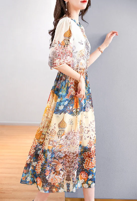 women's flutter-sleeved dressesShort sleeve beautiful print bohemian midi dress women