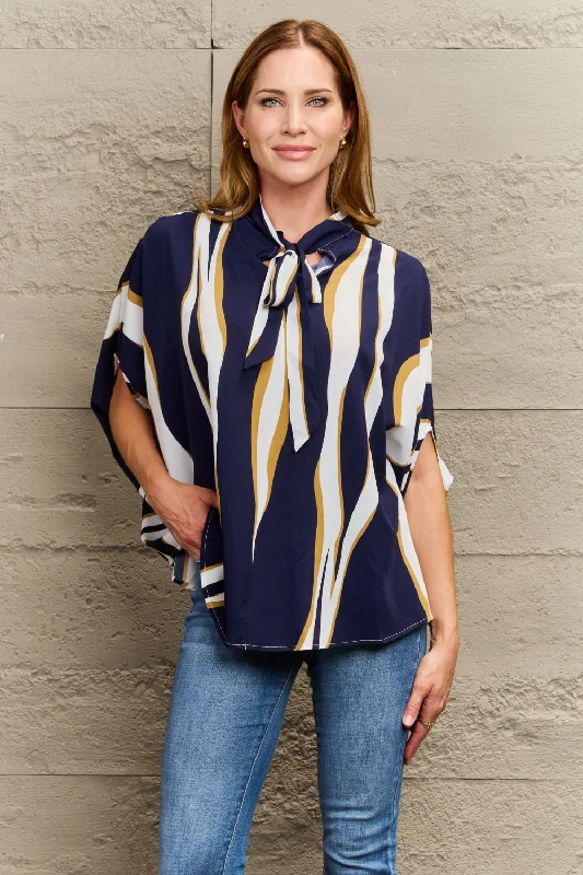 women's tops for those who want to add a pop of color to their outfitsTie Neck Printed Slit Sleeve Blouse