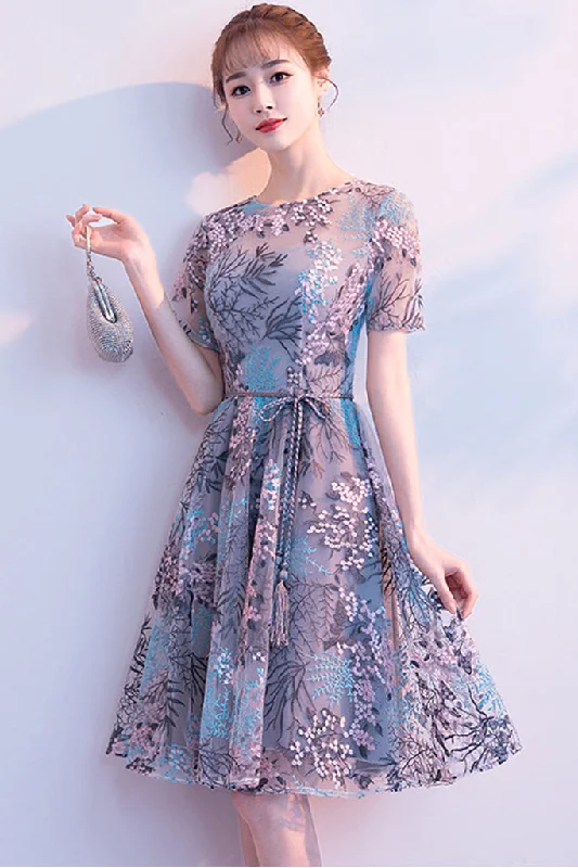 women's long-sleeved dressesShort Sleeve Embroidered Tulle Midi Dress