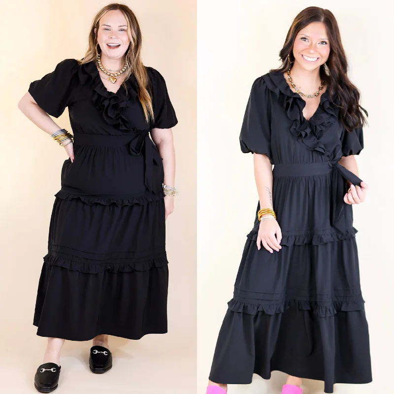 Chic DressTied With Charm Ruffle Tiered Midi Dress with Bow in Black