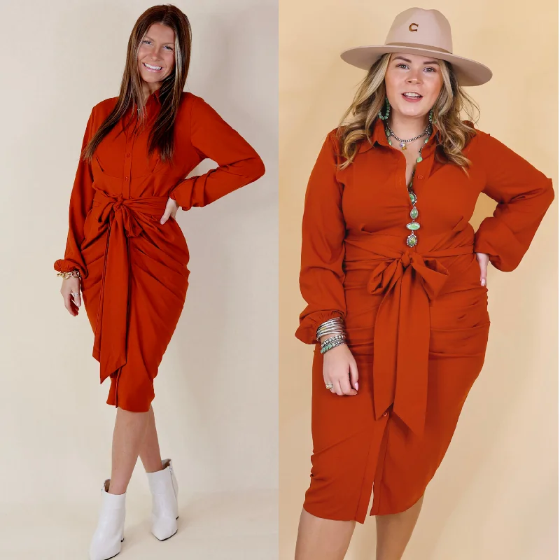 Button-Down DressLast Chance Size Small & Medium | Heart On The Line Button Up Ruched Front Midi Dress with Waist Tie in Rust Orange