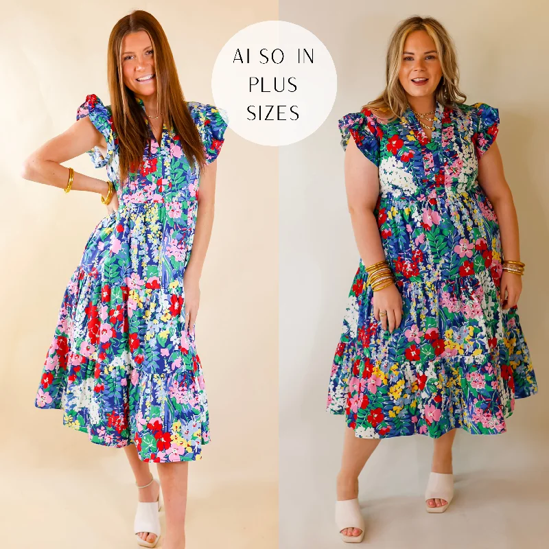 Shift DressLast Chance Size Small | Magnolia Morning Floral Ruffle Cap Sleeve Tiered Midi Dress in Blue